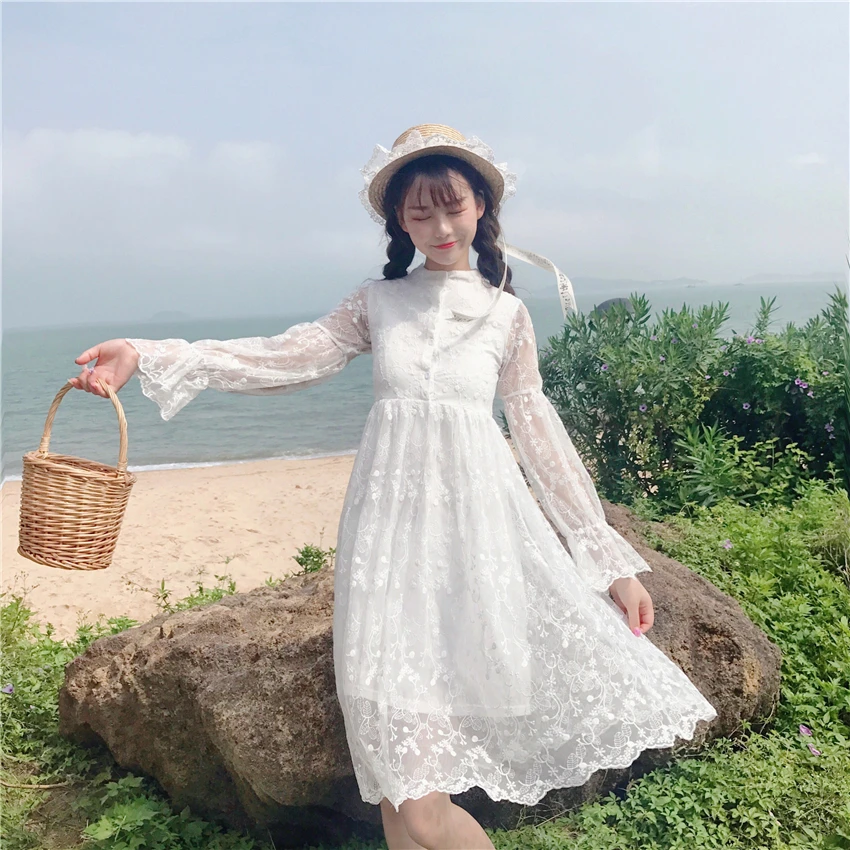 

Spring summer Lolita Fairy Princess embroidered lace Flare Sleeve sweet girls dress Japanese Mori girl temperament dress 4829