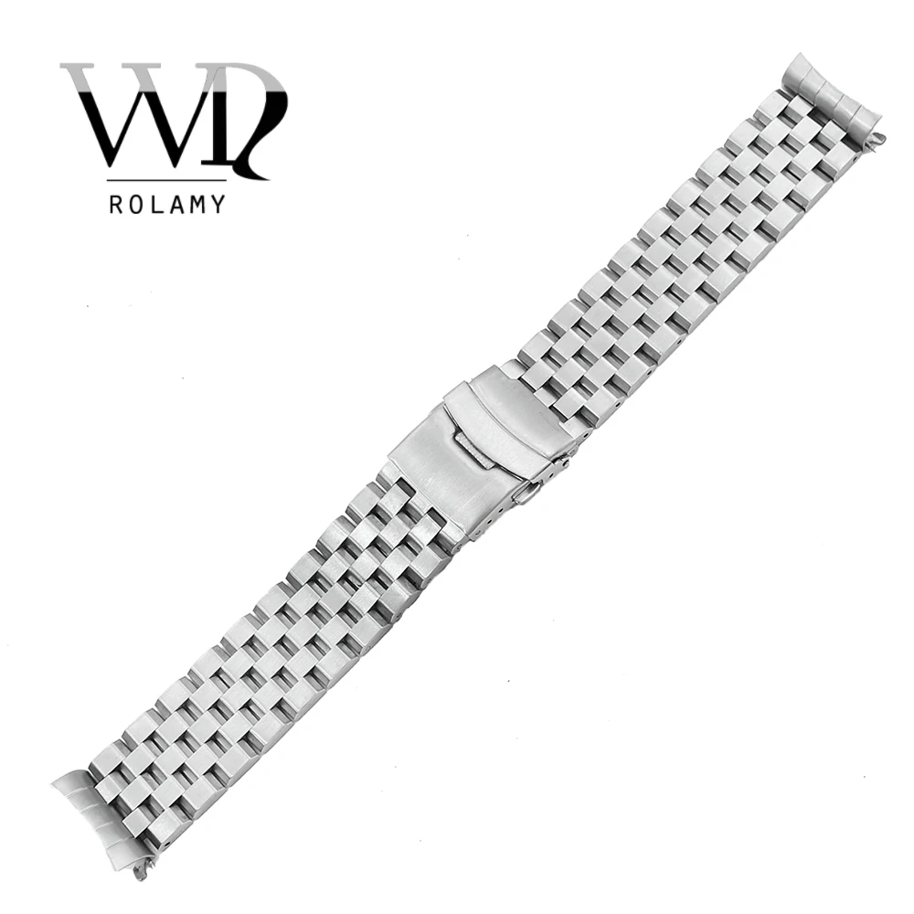 

Rolamy 22mm Silver Hollow Curved End Solid Links Replacement Watch Band Strap Bracelet Double Push Clasp For Seiko