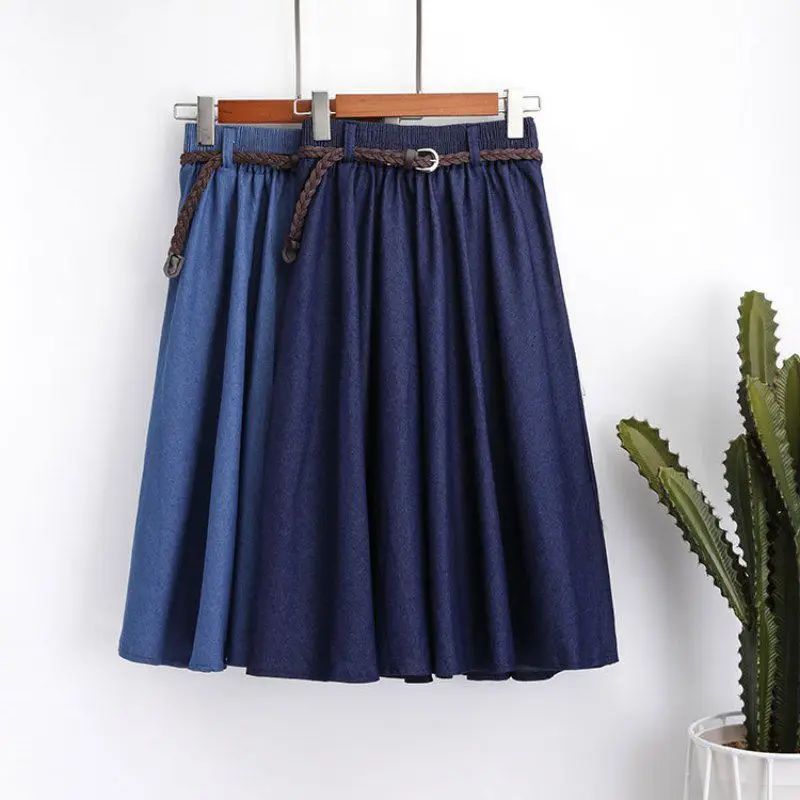 

2019 Summer Autumn Women Denim Jeans Skirts A line Casual Belt Skirt High Elastic Waist Streetwear Midi Pleated Female Clothing