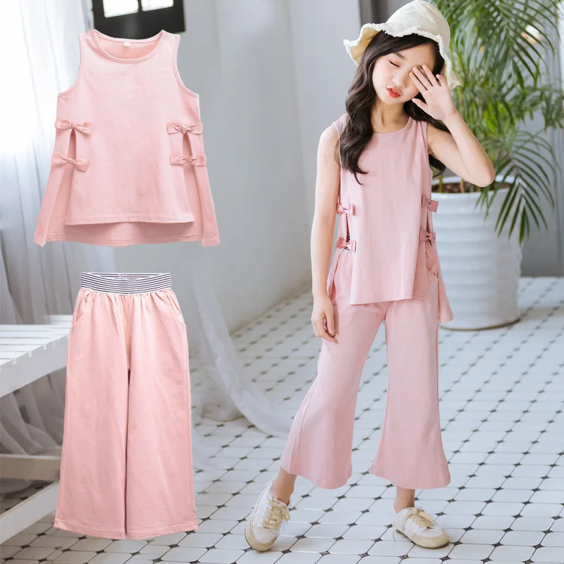 

cotton children clothing sets summer girls sport suit big girls clothes sleeveless t shirts long pants 2pcs set kids tracksuit
