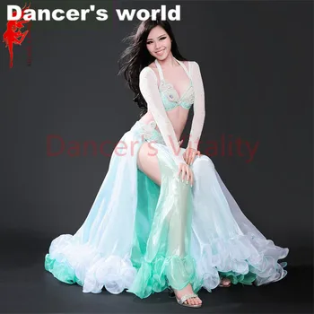 

Lady belly dance performance suit stones sleeves+bra+belt+skirt 4pcs belly dance set for women belly dance performance clothes