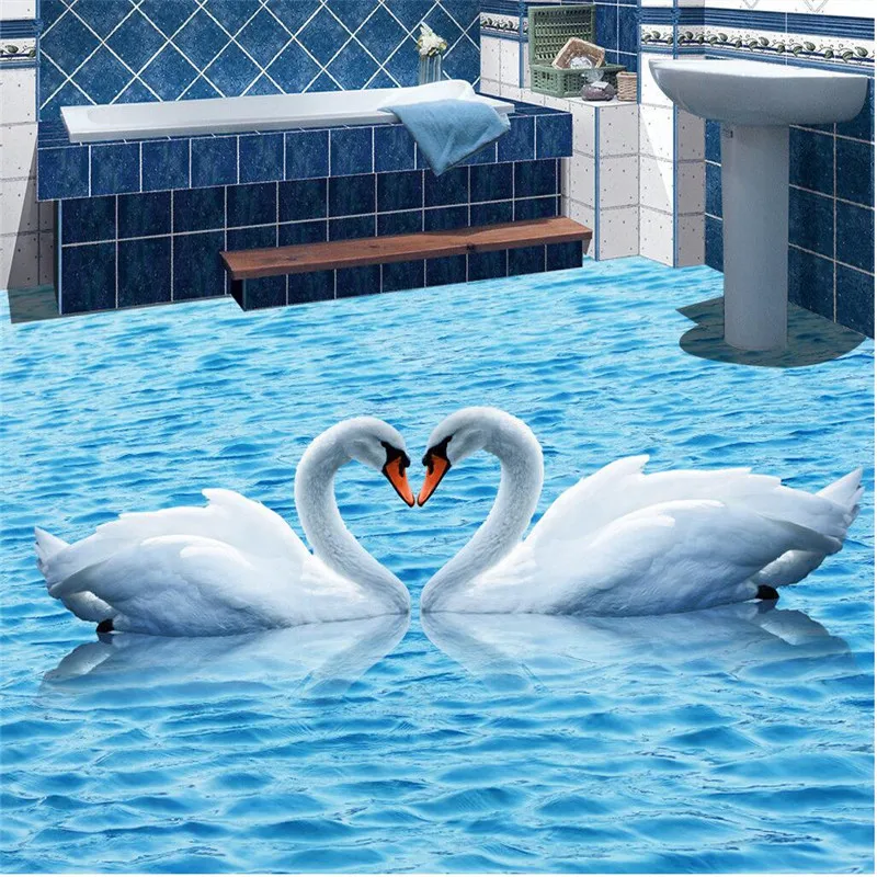 beibehang HD blue water ripples swan Waterproof Bathroom kitchen balcony PVC Wall paper Self floor mural 3D wall sticker