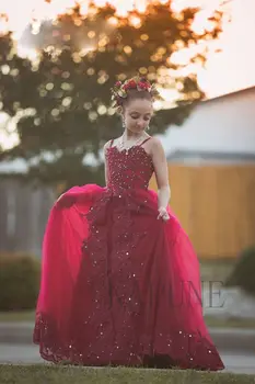 

Red Lace Flower Girl Dresses 2019 Tulle Rose Ball Gown Spaghetti Straps Robes Communion Dentelle