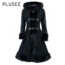 Plusee 2017 Fashion Autumn Long Vintage Gothic Medieval Trench Coat Women Winter Black Coat Elegant Women Coat Vintage Female