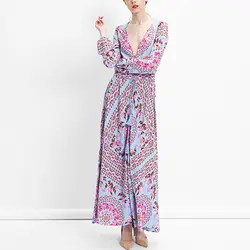 2019 ZANZEA лето для женщин Sexy V средства ухода за кожей Шеи Boho платье осень с длинным рукавом Макси Vestido повседневное высокое разделение праздник