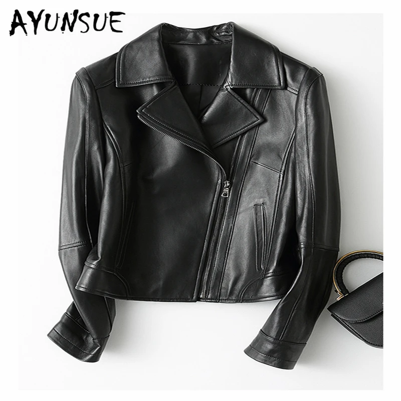 

AYUNSUE Streetwear Brands Real Leather Female Jacket 2019 Fashion Elegant Casual Slim Short Motorcycle Sheepskin Coat 22295LW371
