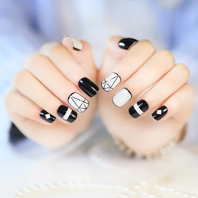 Acrylic Fake Lady Nails Artificial False Full Cover Nails Art Tips Acrylic Fake Lady Nails Artificial False Full Cover Nails Art Tips White Black Edge Diamond Triangle - Acrylic Fake Lady Nails Artificial False Full Cover Nails Art Tips