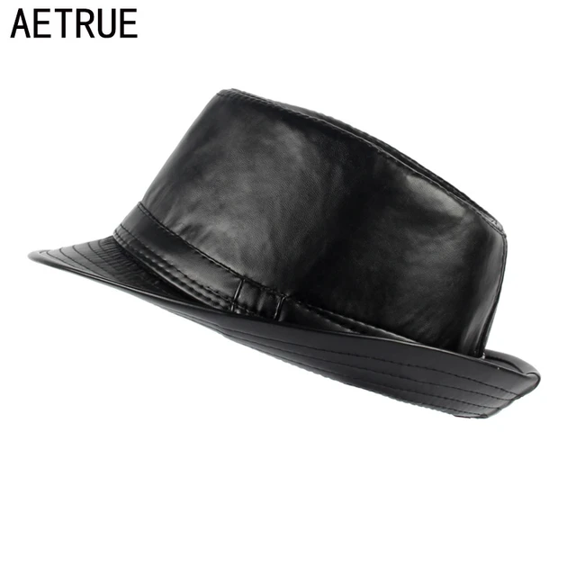 AETRUE Men Fedoras Hat Women Felt Leather Hats Men Panama Caps Gorros PU  Plain Church Boater