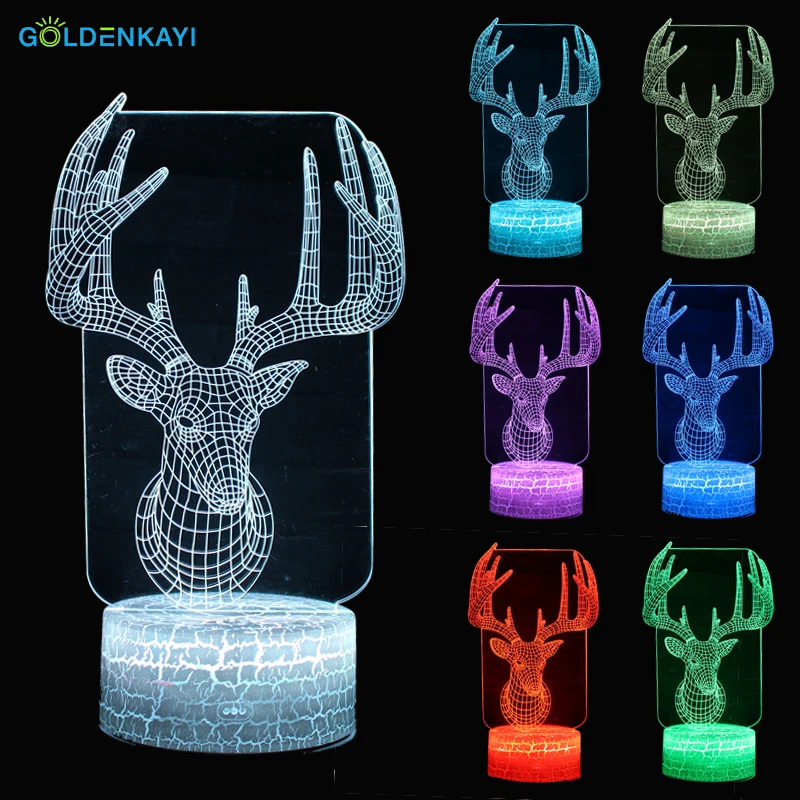 

3D Lamp LED Originality Night Lights Atmosphere Visual Lamp Touch Elk Head Bedside Seven Colors Light Gift For Christmas