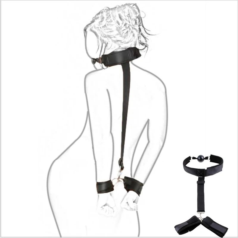 Fetish adult Sex toy game Silicone ball open mouth gag harness bondage with Nylon handcuffs hand