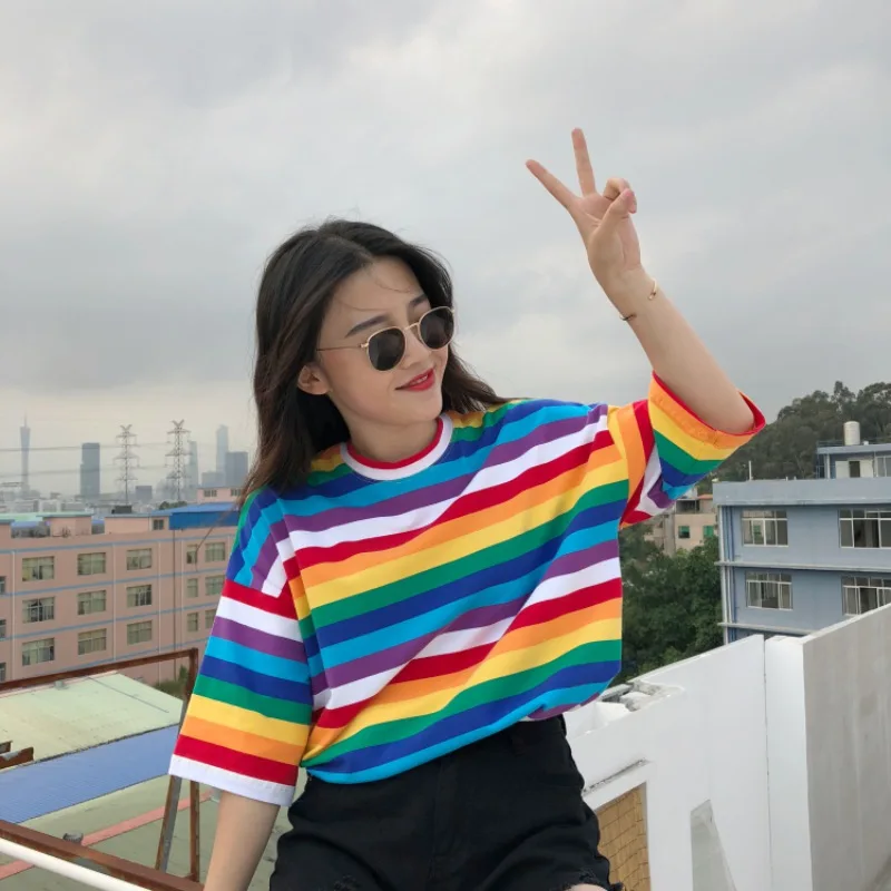 Новая футболка Для женщин в радужную полоску Топы Harajuku футболка 2019 летние шорты рукавом корейской панковская Футболка Camiseta feminina