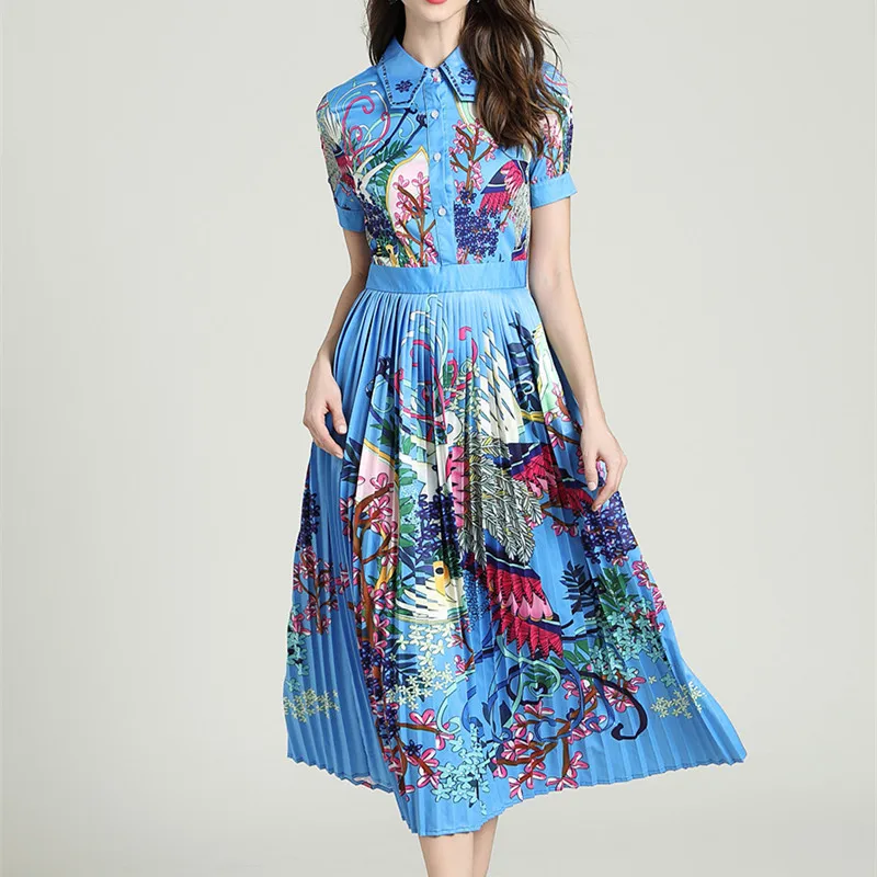 Модное дизайнерское подиумное синее платье-рубашка летнее женское винтажное плиссированное платье миди с коротким рукавом и цветочным принтом Феникса