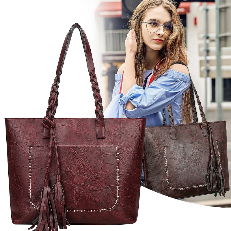 

Oil wax leather simple women bag vintage fringe handbag casual tote fashion luxury handbags women bags designer high quality