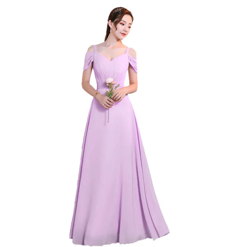 Beauty Emily, Новое поступление, длинное шифоновое платье подружки невесты с v-образным вырезом,, элегантное платье со шнуровкой на спине, 5 стилей,, свадебное платье для гостей - Цвет: Light Purple D