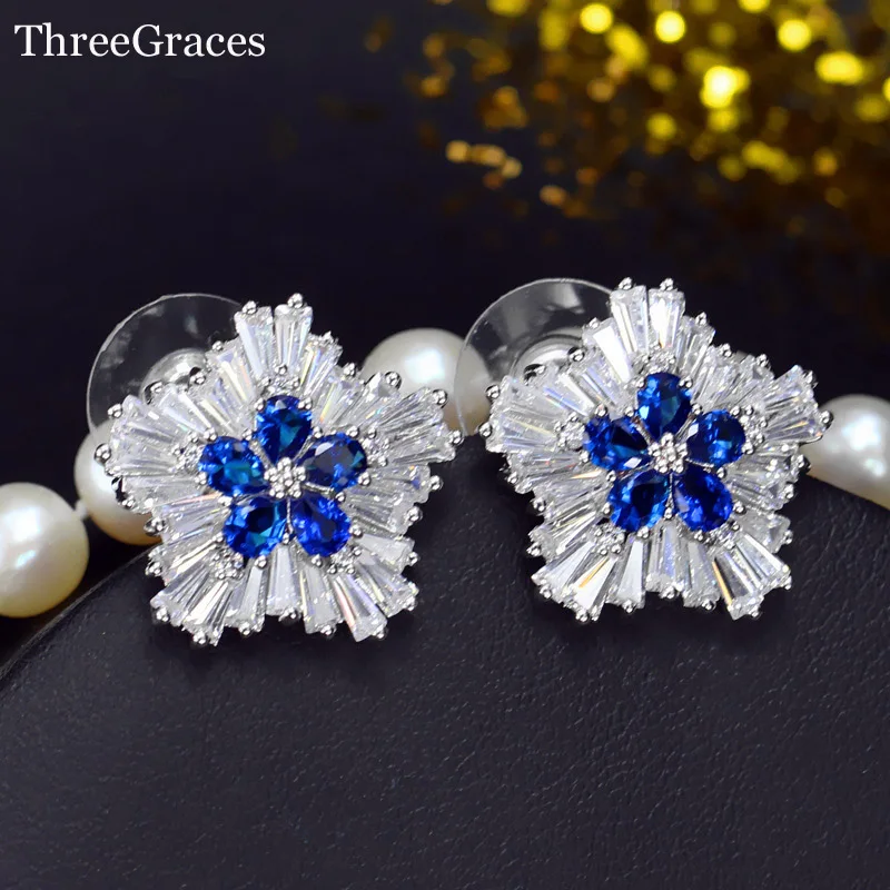 

ThreeGraces Women Cubic Zirconia Crystal Jewelry Big Blooming Flower Royal Blue Stud Earrings For Ladies Christmas Gift ER040
