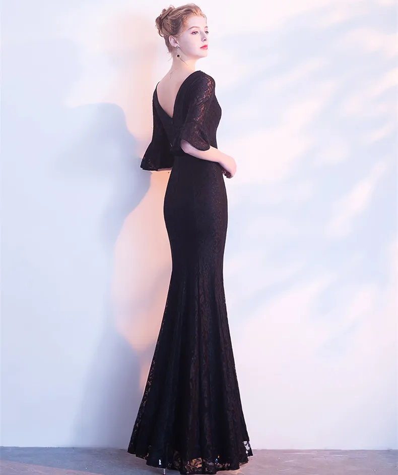 JaneVini Vestidos винтажное кружевное платье с бусинами для матери невесты черные вечерние платья с высоким разрезом в стиле русалки с рукавами Vestido Noite
