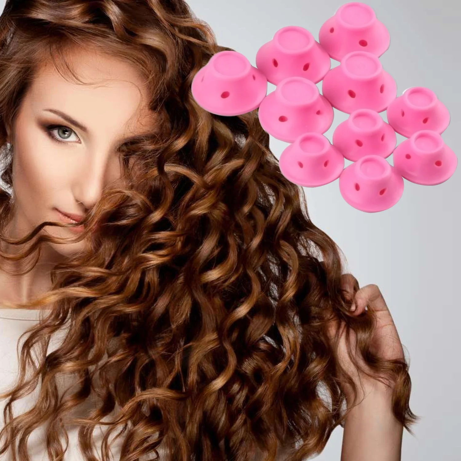 

10Pcs Hair Curlers Rollers Soft Silicone 2 Different Sizes No Clip DIY Hair Styling Tools for Women Lady Girls Pink
