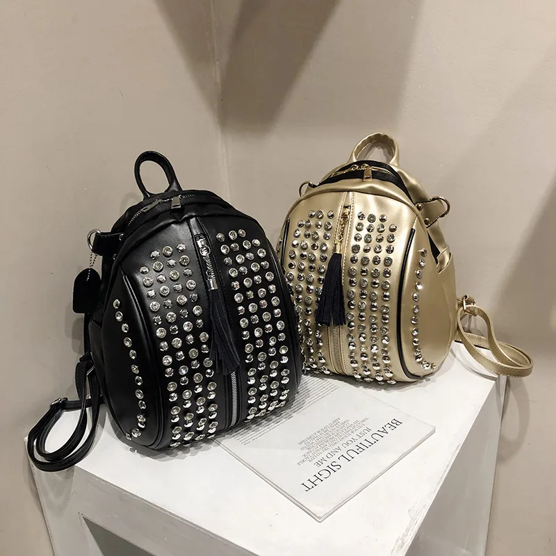 

2019 New Type Slant Bag Rivet Double Shoulder Bag Drill Soft Leather Mini Three-Purpose Backpack