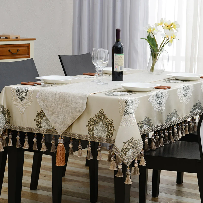

Amazing Design Embroidered Table Cloth Luxury Fine Precise Tassel Toalha De Mesa Euro Tablecloth Royal Dinning Table Covers
