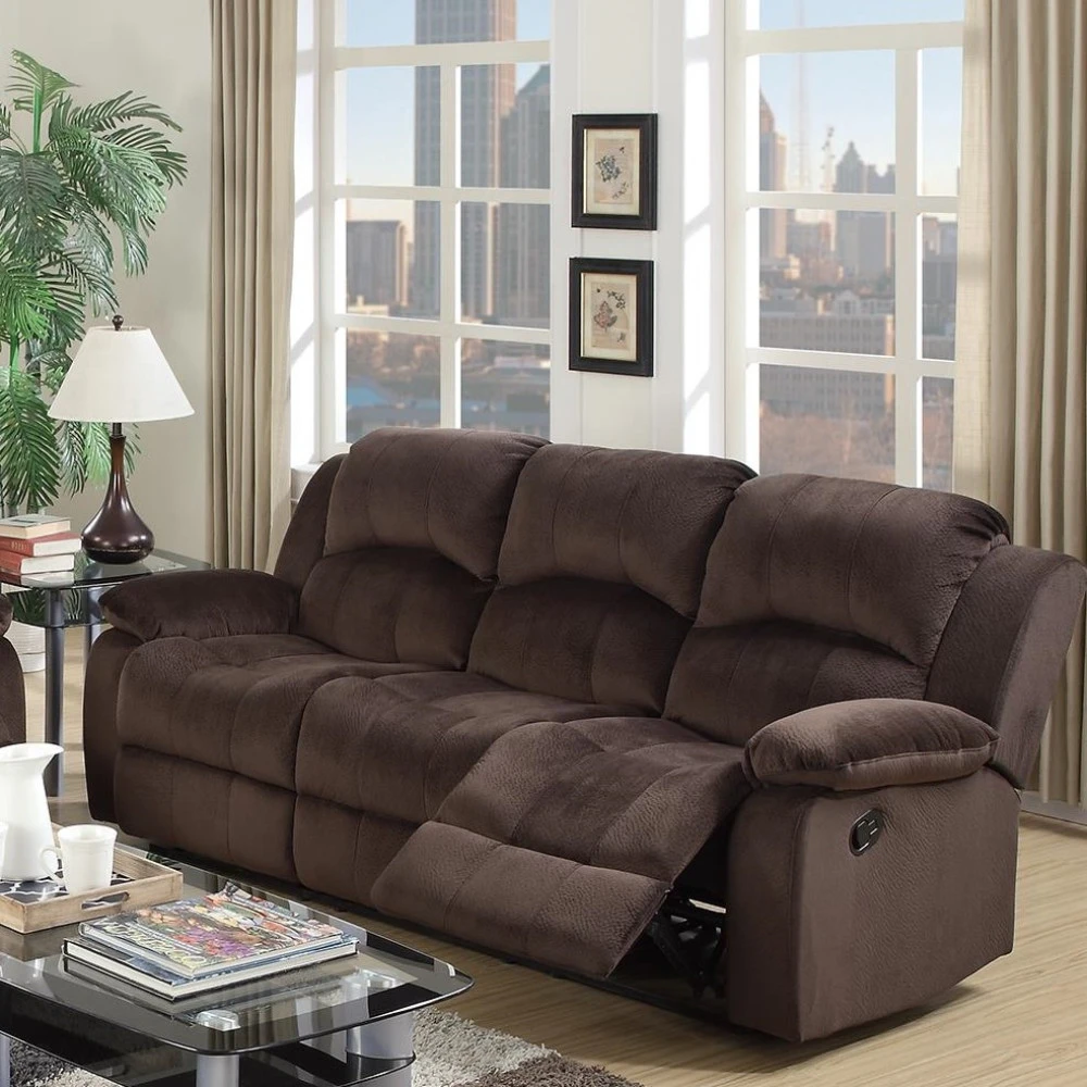 Plushy Solid Pine, Padded Suede & Plywood Reclining Sofa, Chocolate (1)