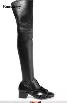 

2017 Winter New Fashion Women Bandage Slim Bowtie Design Black Leather Over Knee Flat Boots Sexy Long Boots Real Pictures
