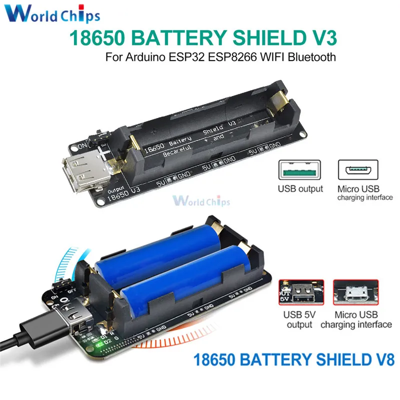 

Dual 18650 Lithium Battery Shield V8 V3 5V 3A Micro USB Type-A USB Power Bank Battery Charging For Raspberry Pi ESP8266 ESP32