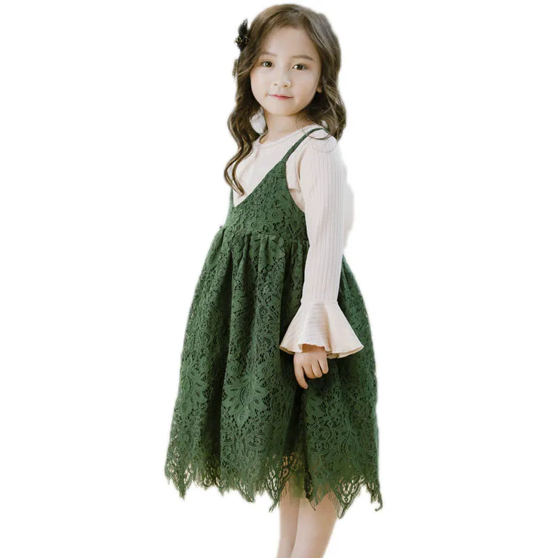 

children clothing 2018 new spring girls clothes sets top flare long sleeve flare tshirt+suspender lace dress 2pcs girls outfits