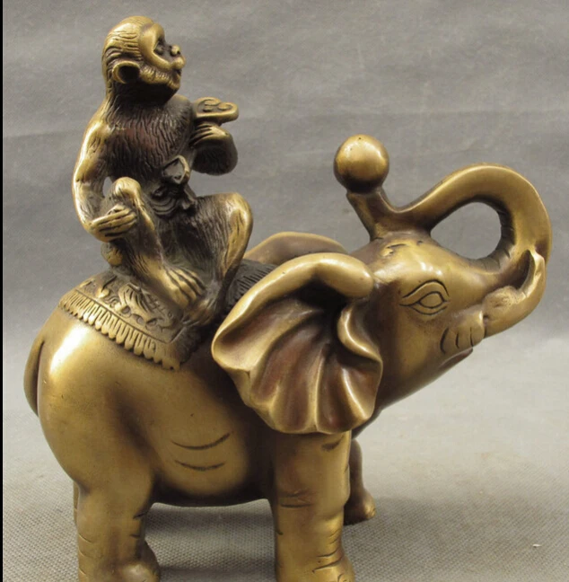 

JP S0608 Folk Chinese Bronze Year Zodiac Monkey Hold RuYi Ride Elephant Heffalump Statue