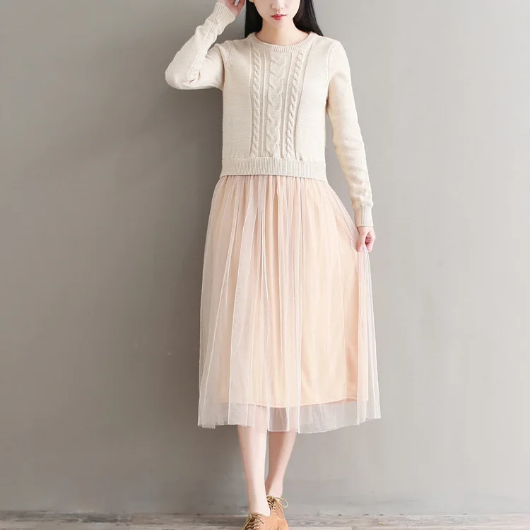 

Winter Sweater Dress 2017 Korean Women Long sleeve Mesh Patchwork Knitted Long Dresses