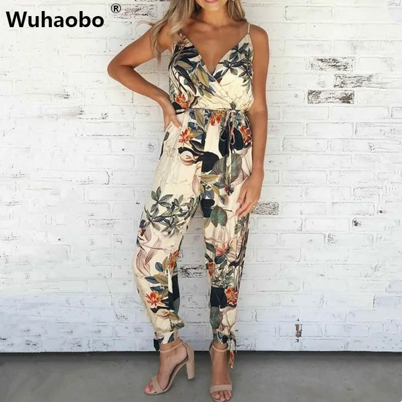 Женский комбинезон Wuhaobo однотонный на завязках с v образным вырезом размера плюс