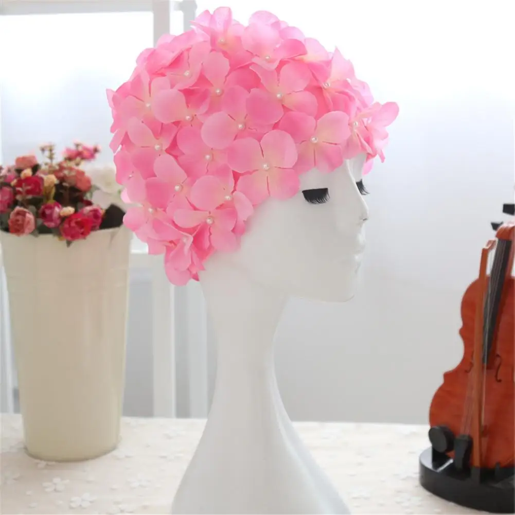 Ручная работа жемчуг 3D Романтические цветы Гортензия стиль красочные цветы шапочка для душа защита уши шапочка для бассейна - Цвет: Pink