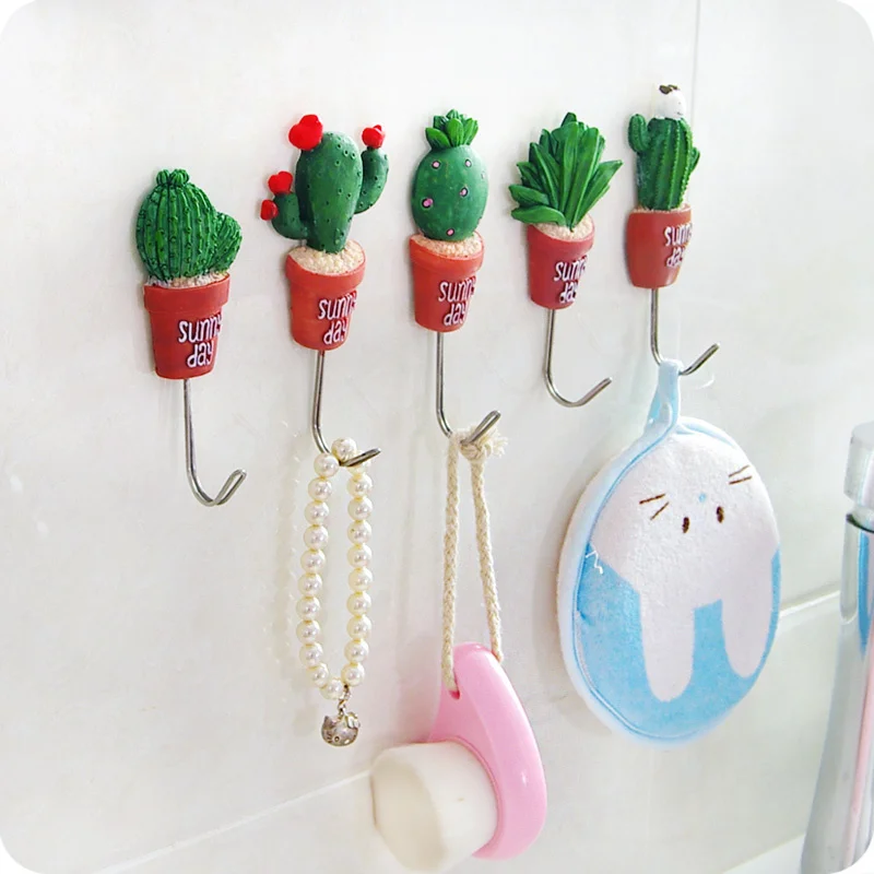 5pcs stainless steel cactus shape wall hook Self Adhesive stick hooks