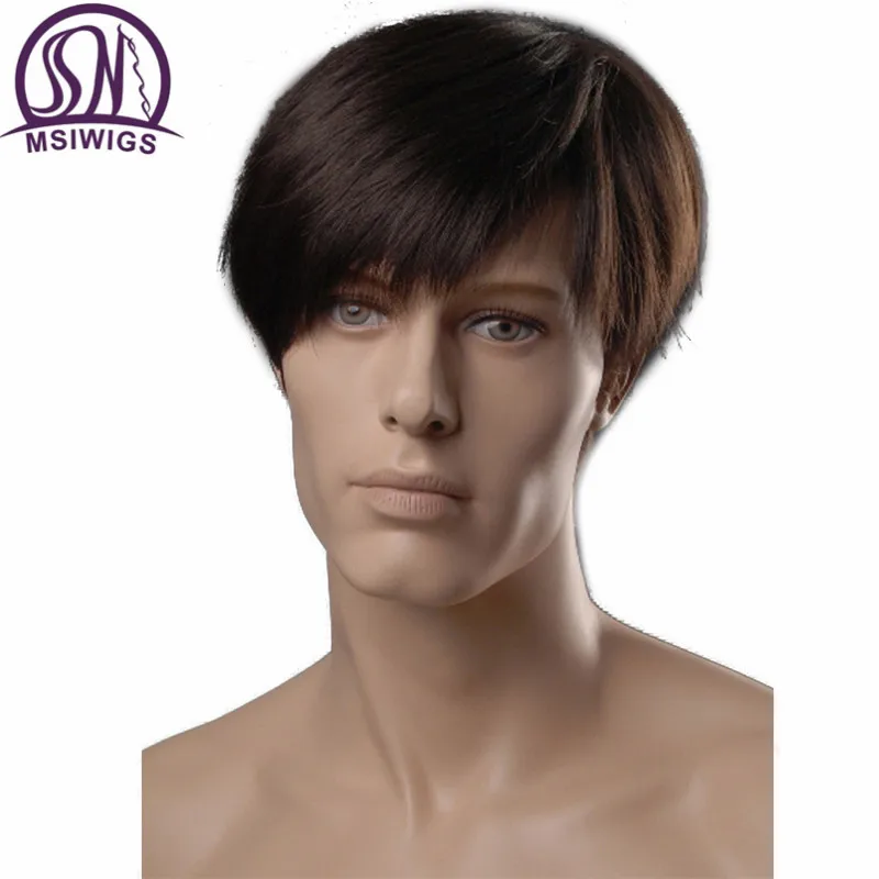 MSI Wigs 6 дюймов короткие прямые синтетические мужские парики темно-коричневый цвет натуральный мужской парик с боковой челкой Термостойкое волокно