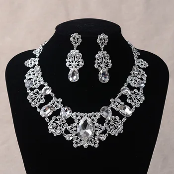 

Fashion Rhinestone Costume Jewelry Sets Silver Color Crystal Statement Necklace Earrings Set Wedding African Beads Jewelry Set