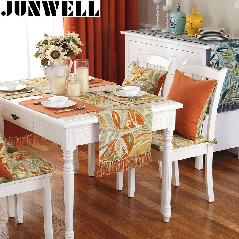 

Junwell Fashion Polyester Cotton Feel Printing Table Runner Colorful With Hand-made Tassel Runner Table Cloth With Tassels