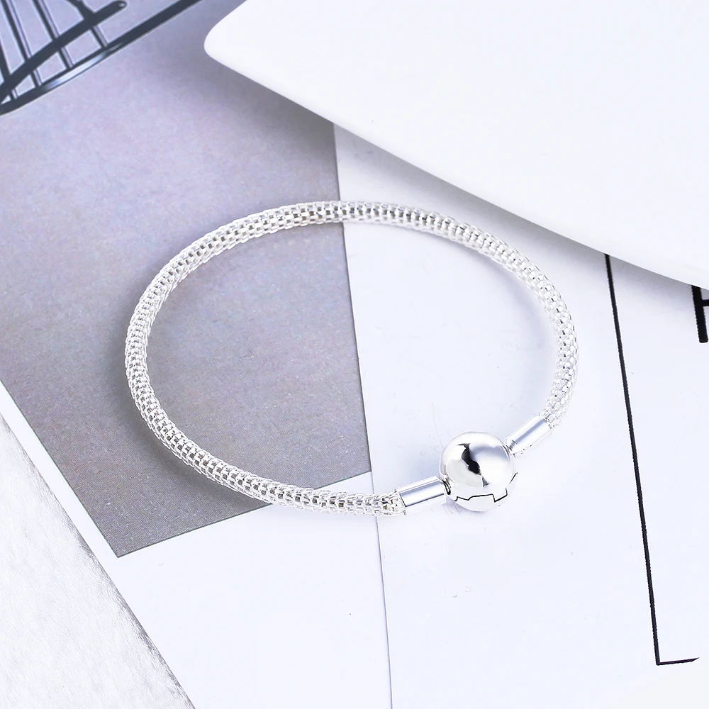 

2017 New 100% 925 Sterling Silver Mesh Basic Bracelet with Logo Fit for European Charms Beads DIY Jewelry for Women Christmas