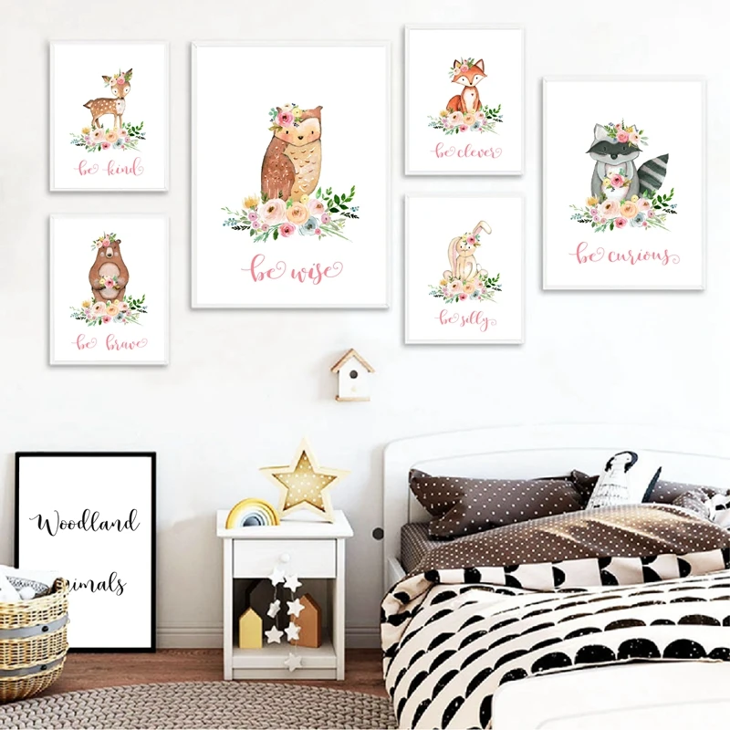 Woodland Animals Watercolor Canvas Prints Baby Room Decor
