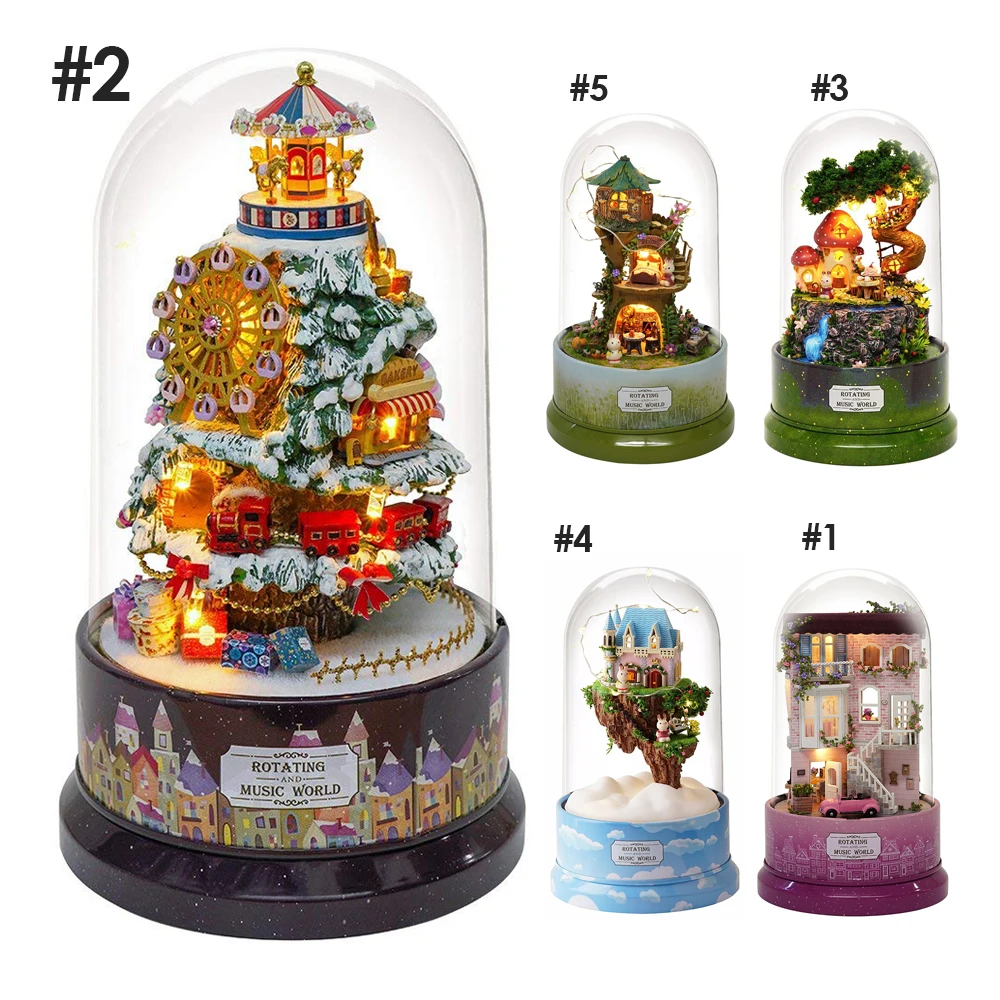 1Pcs Music Dollhouse Rotating cabin DIY Doll House with transparent cover Music box for children Christmas Gift