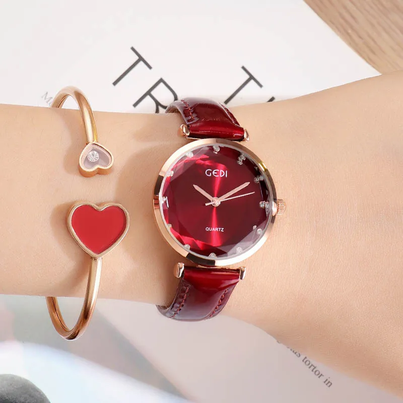 GEDI Топ люксовый бренд модные женские часы кожаные женские наручные часы женские часы повседневные ремешок Reloj Mujer простые - Цвет: Red women watch