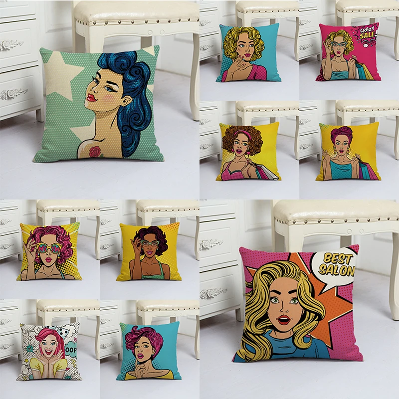 

Zara*Women Linen Printed Fashion Curly Hair Girl Cushion Cover 45x45cm Shopping Throw Pillow Covers Gifts For Girlfriend Bedroom