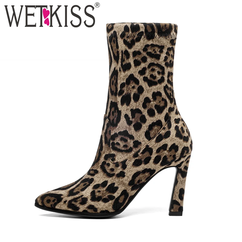 

WETKISS Stretch Leopard Boots Women Sexy Mid-Calf Boot Winter Shoes Female High Heels Shoes Ladies Elastic Pointed Toe Shoes