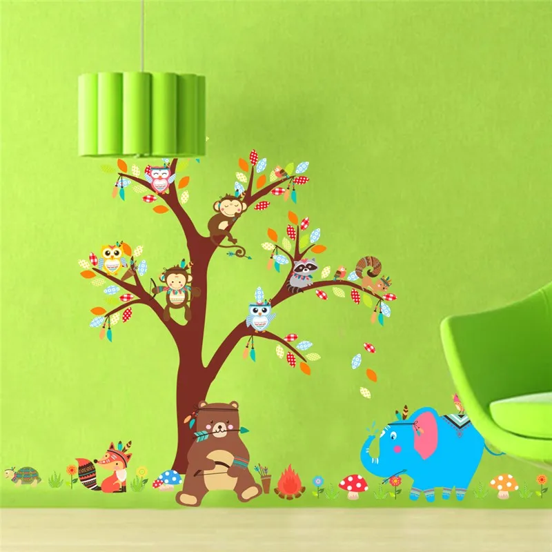 

cartoon forest animals wall stickers for kids room bedroom decor owl monkey bear elephant tree mural 100*140cm wall decals