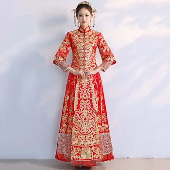 

Red Chinese Marriage Suit National Women Embroidery Cheongsam Oriental Bride Pleated Dress Gown Elegant Ankle-Length Qipao
