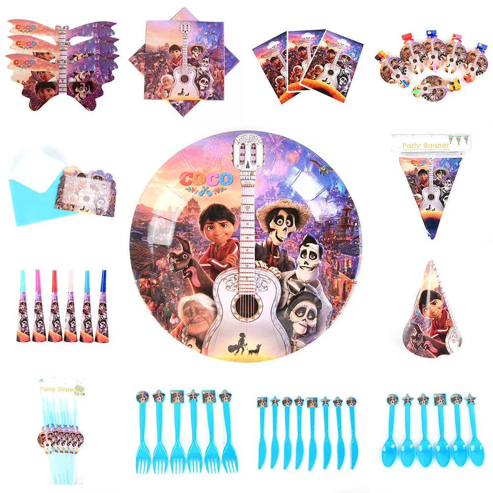 

COCO Theme Paper Cup Bag Plate Tablecloth Straw Blowout Balloon Banner Cake Topper Card Show Party Decoration Supply Favor Gift