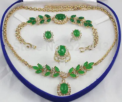 

hot sell new - Wholesale JWEW6558 women's jewelry Green Jade yellow gold Earring Bracelet Necklace Ring (A0511)