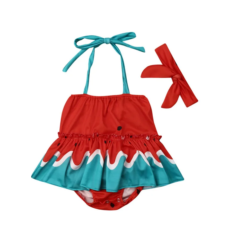 

1-5Years Toddler Baby Girls Watermelon swimsuit Halter One-piece Bikini summer Swimwear with headband Beachwear Bathing