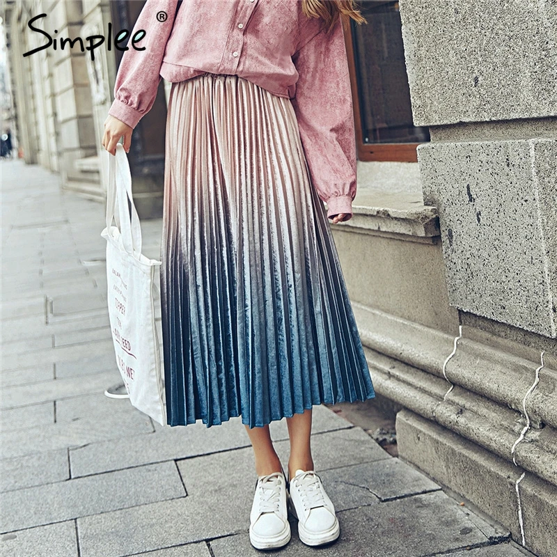 Goede Simplee Fluwelen gradi euml;nt hoge taille lange geplooide rok Sequin midi kerst rok vrouwelijke 2018 herfst winter Casual vrouwen bodem