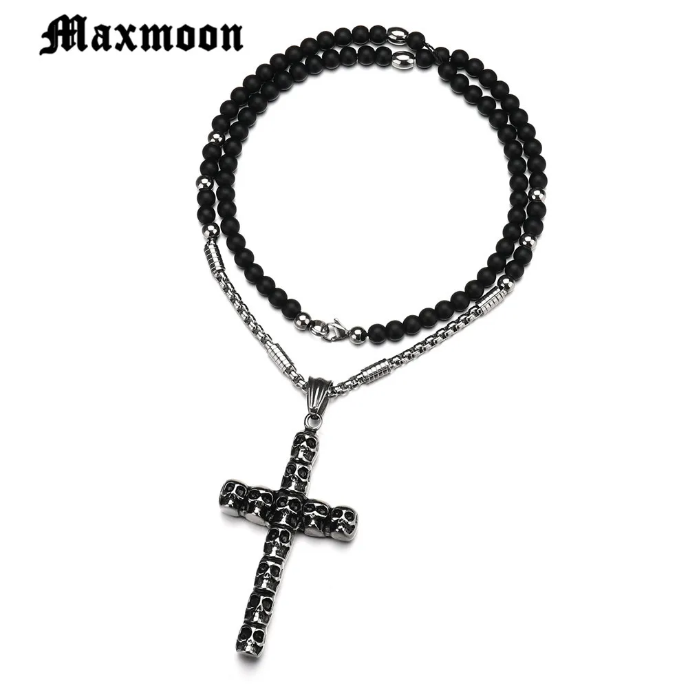 

Maxmoon Large Catholic Skull Cross With Black Bead Carved Rosary Pendant Long Collier Statement Necklace Men Jewelry