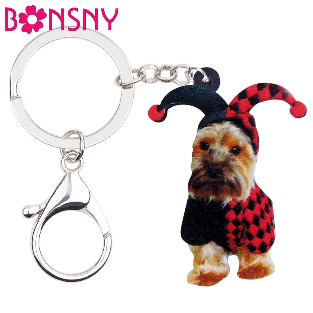 

Bonsny Acrylic Halloween Yorkshire Terrier Dog Joker Key Chain Keychain Ring Costumes Pet Jewelry For Women Girl Bag Charms Gift