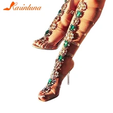KARINLUNA/Новые модные женские туфли на высоком каблуке с пряжкой, украшенные кристаллами, большие размеры 34-43 Женские Повседневные Вечерние пикантные летние сандалии высотой до середины икры